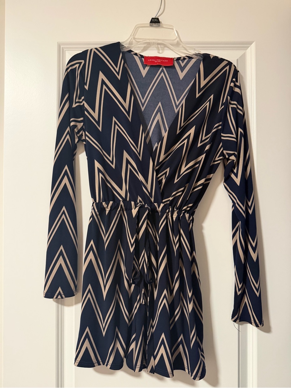 AKIRA Navy and Cream Chevron Long Sleeve Romper (shorts) - Size L